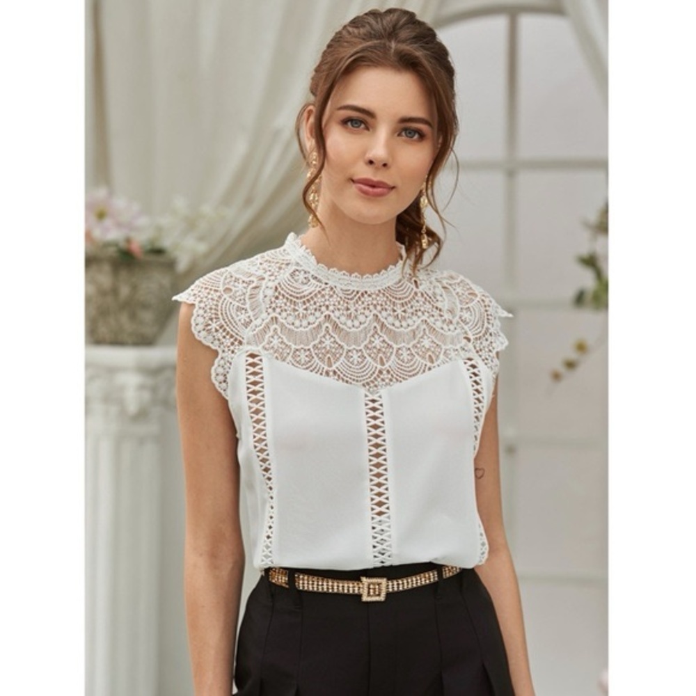 Gorgeous En Elly Size XL Eyelet Lace Cap Sleeves Women Top Blouse Ivory White